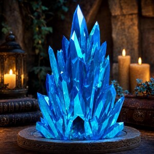 May include: A cluster of sharp, translucent blue crystals arranged in a vertical formation. The crystalline structure features multiple pointed facets that catch light, creating varying shades of deep and bright blue across the surface.