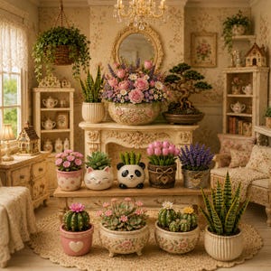 May include: A collection of miniature potted plants and decorative figurines arranged on a wooden table. The display includes various succulents, cacti, and floral arrangements in ceramic pots shaped like cats, pandas, and hearts, set within a room.