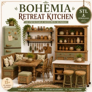 May include: A 3D printable kitchen bundle titled BOHEMIA RETREAT KITCHEN featuring a sage green refrigerator, wooden corner bench with floral cushions, dining table, chairs, hutch, kitchen island, stools, shelves, and various decorative accessories.