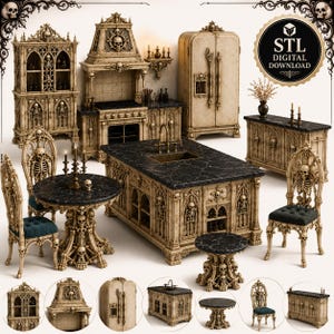May include: A digital collection of gothic-style furniture featuring skeletal motifs, including a kitchen island, dining table, chairs with dark cushions, a cabinet, and a stove. The pieces have beige stone-like textures and black marble surfaces.