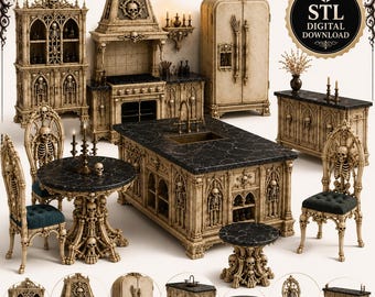 Gothic Skeleton Kitchen STL Bundle | 3D Printable Dollhouse Kitchen Furniture | Halloween Miniatures | Digital Download