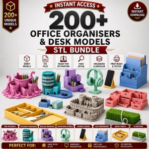 Könnte beinhalten: Ein digitales Paket mit über 200 Büro-Organizer- und Schreibtischmodellen für den 3D-Druck. Die Sammlung enthält verschiedene Schreibtischaccessoires aus Kunststoff wie einen rosa Tintenfisch-Stiftehalter, einen blauen Wolkenkratzer-Organizer und modulare Schubladen.