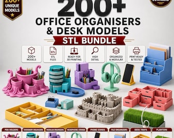 May include: A digital bundle of 200+ office organizers and desk models for 3D printing. The collection includes various plastic desk accessories like a pink octopus pen holder, a blue skyscraper organizer, a castle-shaped tray, and modular drawers.