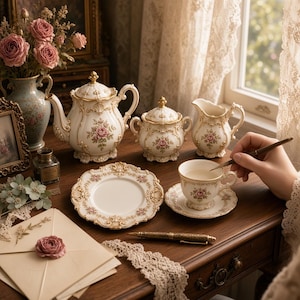 Può includere: Un servizio da tè in porcellana composto da teiera, zuccheriera, lattiera, tazza, piattino e piattino piccolo, decorati con rose rosa e filigrana dorata. Il set include un vaso abbinato con fiori seci, un calamaio e delle buste.