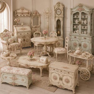 Puede incluir: Una colección de muebles de color crema con patrones florales, que incluye una mesa de comedor con sillas, un reloj de pie, una vitrina, un banco de almacenamiento, una mesa de centro, un escritorio, un estante de pared y un carrito de servicio.