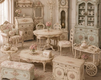 May include: A collection of cream-colored furniture featuring floral patterns, including a dining table with chairs, a tall grandfather clock, a china cabinet, a storage bench, a coffee table, a roll-top desk, a wall shelf, and a serving cart.