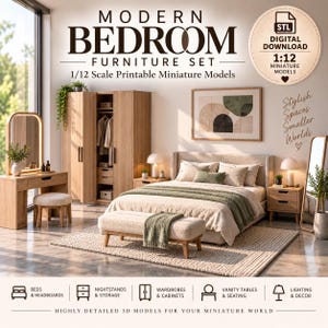 Modern Bedroom Furniture Set STL | 1:12 Scale Dollhouse Miniatures | Printable 3D Models (Digital Download)