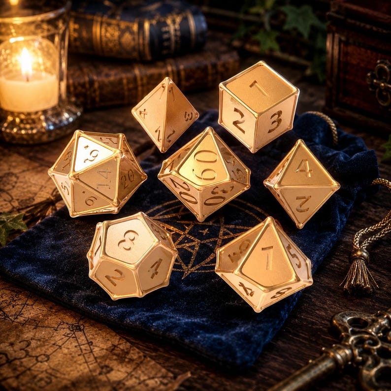 May include: A set of seven metallic gold polyhedral dice with engraved black numbers, including a d4, d6, d8, d10, d12, d20, and a percentile die, arranged on a dark blue velvet drawstring pouch featuring a gold printed geometric star design.