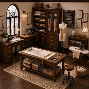 Puede incluir: Un estudio de costura en miniatura detallado que cuenta con una mesa de corte de madera con tela, una máquina de coser vintage en un escritorio, un maniquí con cinta métrica, un armario grande, un estante para hilos, una tabla de planchar y un taburete.
