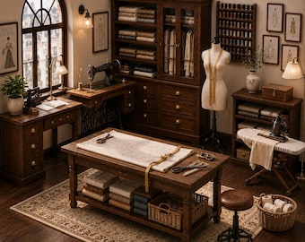 May include: A detailed miniature sewing studio featuring a wooden cutting table with fabric, a vintage sewing machine on a desk, a dress form with a measuring tape, a large storage cabinet, a thread rack, an ironing board, and a stool.