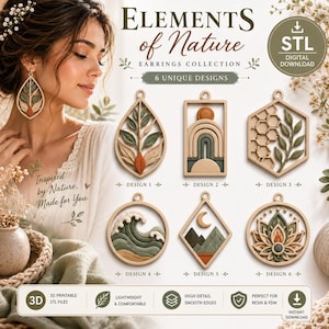 May include: A digital download collection of six earring designs titled Elements of Nature. The set includes a leaf-shaped pendant, a rainbow arch, a honeycomb with leaves, ocean waves, a mountain moonscape, and a lotus flower in muted tones.