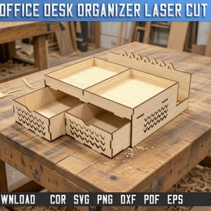 May include: A light-colored wooden office desk organizer featuring two pull-out drawers and two open top compartments. The side panels have a decorative zigzag laser-cut pattern. The unit is labeled as 3mm or 1/8 inch material thickness.