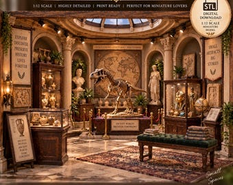 May include: A 1:12 scale digital download miniature diorama of an ancient museum archaeology exhibit. The scene features a central dinosaur skeleton, classical statues, display cases with artifacts, a world map, and a green velvet bench.