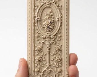 May include: A rectangular beige decorative panel featuring intricate relief carvings of roses, scrolling vines, and ornate filigree patterns. The design includes a central oval frame enclosing a bouquet of roses, surrounded by a beaded border.