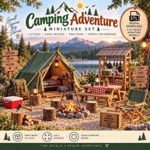 Könnte beinhalten: Ein 1:12 Camping Adventure Miniatur-Set als digitaler Download mit grünem Zelt, Holztisch, Lagerfeuer mit Topf, Klappstuhl, Rucksack, Kühlbox, Axt und Schildern mit dem Text Explore, Relax, Belong, Camp, Hike, Unwind, Repeat.