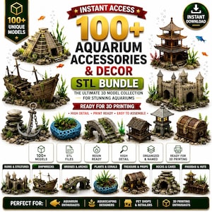 Op de afbeelding: Een digitale collectie van 100+ STL-bestanden voor aquariumaccessoires en decoratie voor 3D-printen. De afbeelding toont diverse modellen, waaronder een piramide, pagode, scheepswrak, kasteel, anker, brug, schatkist en een stenen grot.