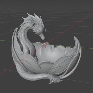 Pu&ograve; includere: Una scultura di drago grigia, renderizzata in 3D. Il drago &egrave; arricciato all'interno di una ciotola a forma di foglia, con la testa e il collo elegantemente arcuati. Le ali sono spiegate e i dettagli sono intricati.