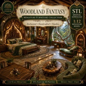 May include: A digital download listing for a 1:12 scale miniature furniture collection titled Woodland Fantasy. The image displays a detailed room scene featuring a bed, sofa, dining table, and chairs, all designed as 3D printable STL files.