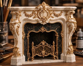 May include: A miniature fireplace mantel crafted from white marble with intricate gold-toned filigree accents. The interior features a dark green marble-patterned back panel and a decorative gold-toned metal fire screen standing in the center.