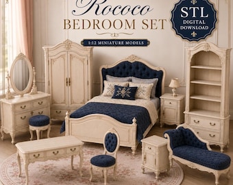 May include: A 1:12 scale miniature bedroom set featuring off-white furniture with dark blue upholstery. Includes a bed, wardrobe, vanity with mirror, stool, nightstands, bookshelf, coffee table, and chaise lounge. Text reads: Rococo BEDROOM SET.