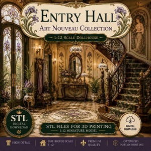 Könnte beinhalten: Ein digitaler Download für ein 1:12 Puppenhaus-Eingangshallen-Modell im Jugendstil. Die Szene zeigt eine große Treppe, verzierte Möbel, Buntglasfenster und florale Motive. STL-Dateien für den 3D-Druck von hochdetaillierten Miniaturmodellen.