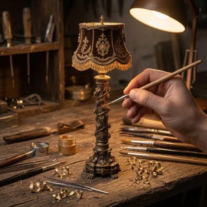 May include: A small table lamp with a dark brown velvet shade featuring gold embroidery and fringe. The lamp base is made of bronze-coloured metal with intricate relief carvings of grapevines and leaves, standing on a decorative pedestal base.