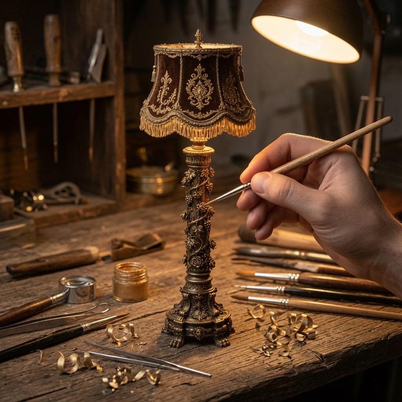 May include: A small table lamp with a dark brown velvet shade featuring gold embroidery and fringe. The lamp base is made of bronze-coloured metal with intricate relief carvings of grapevines and leaves, standing on a decorative pedestal base.