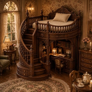 May include: A dark wood loft bed featuring a curved staircase with integrated storage drawers, a raised sleeping platform with a spindle railing, and a built-in desk area underneath with shelving, drawers, and a small lamp.