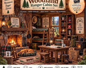 May include: A 1:12 scale miniature woodland ranger cabin set featuring a stone fireplace, bunk beds, wooden furniture, and rustic decor. The scene includes a dog on a plaid bed, lanterns, books, and signs with text like Explore Protect Preserve.
