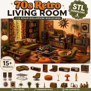 May include: A 1:12 scale dollhouse miniature set featuring 70s retro living room furniture and decor. Includes a sectional sofa, armchair, coffee table, record player, speakers, television, lava lamp, plants, and wall art. Digital STL download files.