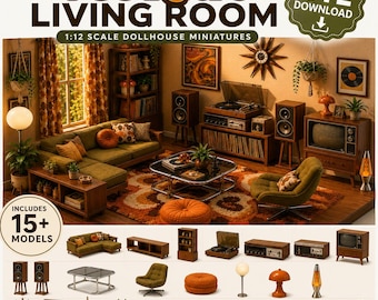 May include: A 1:12 scale dollhouse miniature set featuring 70s retro living room furniture and decor. Includes a sectional sofa, armchair, coffee table, record player, speakers, television, lava lamp, plants, and wall art. Digital STL download files.