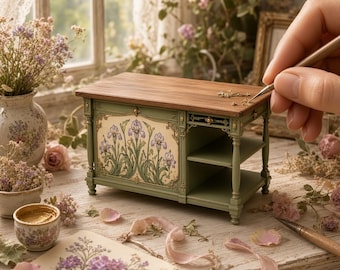 May include: A miniature wooden cabinet with a natural wood top and a sage green frame. The front panel features a decorative illustration of purple iris flowers. The cabinet includes an open side section with two shelves and ornate gold accents.