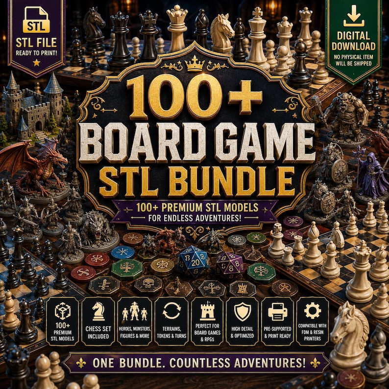 100+ Tabletop Gaming STL Bundle | Strategy Pieces, Miniatures, Dice Towers & Terrain Models | Digital Download image 2