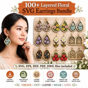 May include: A digital display showing a 100+ Layered Floral SVG Earrings Bundle with various wooden earring designs including flowers, bees, and strawberries. The text reads 100+ Layered Floral SVG Earrings Bundle and SVG, EPS, DXF, PDF, DWG files included.