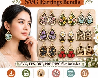 May include: A digital display showing a 100+ Layered Floral SVG Earrings Bundle with various wooden earring designs including flowers, bees, and strawberries. The text reads 100+ Layered Floral SVG Earrings Bundle and SVG, EPS, DXF, PDF, DWG files included.