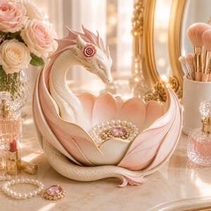 Pu&ograve; includere: Un portagioie decorativo a forma di drago in crema e rosa. La testa del drago &egrave; sopra una ciotola a forma di petalo, che contiene perle e una gemma rosa. Il piatto &egrave; rifinito con bordi dorati e poggia su una superficie di marmo.
