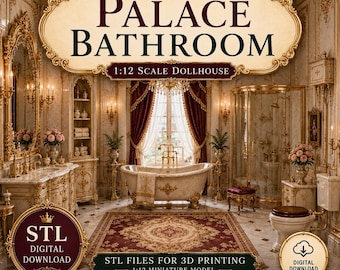 May include: A 1:12 scale dollhouse miniature model of a palace bathroom featuring a clawfoot tub, a glass shower, a vanity with a mirror, and a toilet. The image includes text reading Palace Bathroom, 1:12 Scale Dollhouse, STL Digital Download.