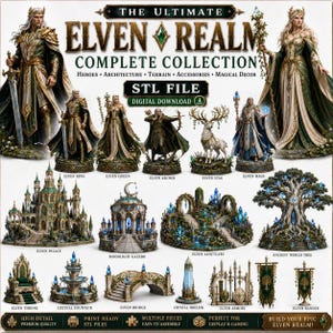 Może przedstawiać: Cyfrowa kolekcja plików STL do druku 3D pod tytułem The Ultimate Elven Realm Complete Collection. Zawiera szczegółowe figurki elfiego króla, królowej, łucznika, maga i jelenia, a także modele architektoniczne, takie jak pałac, altana i drzewo.