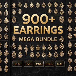 May include: A collection of gold-colored earrings in various shapes and designs, including teardrops, ovals, and geometric patterns. The image features the text "900+ EARRINGS MEGA BUNDLE" in gold, along with file format icons.