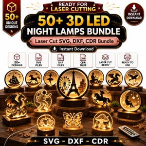 May include: A digital bundle of 50+ 3D LED night lamp designs featuring laser cut SVG, DXF, and CDR files. The graphic displays various illuminated circular lamp motifs including an Eiffel Tower, dragon, astronaut, butterfly, and mushroom, with a remote control.