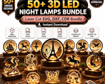 May include: A digital bundle of 50+ 3D LED night lamp designs featuring laser cut SVG, DXF, and CDR files. The graphic displays various illuminated circular lamp motifs including an Eiffel Tower, dragon, astronaut, butterfly, and mushroom, with a remote control.