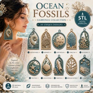 Örhängen med havsfossiler i lager (STL-paket) | Nautilus, ammonit, korall (digital nedladdning)