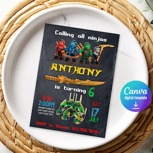 May include: A black invitation card with the text "Calling all ninjas" and "Anthony is turning 6". The card features Lego ninja figures, a golden sword, and event details. A Canva digital template is also visible.