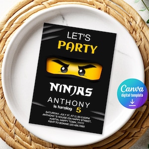 May include: A black invitation card with the text "LET'S PARTY" in yellow, and "NINJAS" in white. The card features a yellow and black ninja mask graphic. The invitation is for Anthony's 5th birthday.