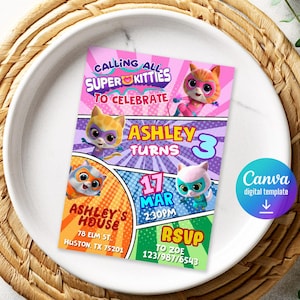 May include: A colorful birthday party invitation featuring cartoon superhero kittens. The invitation includes the text "Calling All Super Kitties To Celebrate", "Ashley Turns 3", and event details. The design is set on a white plate.
