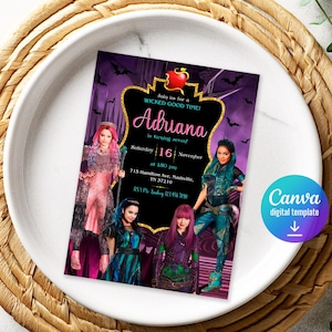 May include: A digital invitation with a purple background and gold accents. The invitation features the text "Adriana is turning seven!" and includes event details. The design incorporates images of characters and the Canva digital template logo.