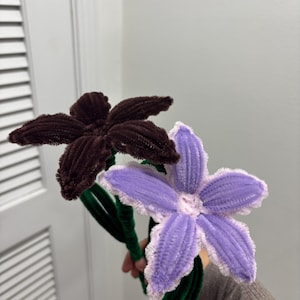 Puede incluir: Dos flores hechas a mano con limpiapipas. Una es de color marrón oscuro y la otra es de color lila claro con un borde blanco. Los tallos son verdes y las flores se mantienen juntas.