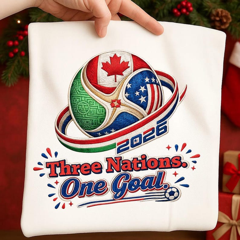 May include: White t-shirt with a soccer ball design featuring the flags of Canada, the United States, and Mexico. The design includes the text "2026" and "Three Nations. One Goal."