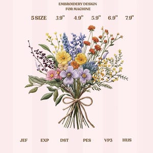 Könnte beinhalten: Ein Stickdesign für die Maschine, das einen farbenfrohen Blumenstrauß mit Bindfaden darstellt. Das Design ist in 5 Größen erhältlich, die von 9,9 cm bis 20,1 cm breit sind. Das Bild enthält den Text "EMBROIDERY DESIGN FOR MACHINE".