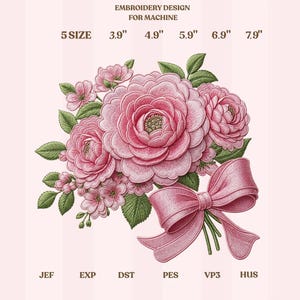 Disegno per ricamo di un bouquet di peonie rosa, composizione floreale a fiocco, file per ricamo a macchina di un romantico gruppo di fiori, motivo botanico femminile